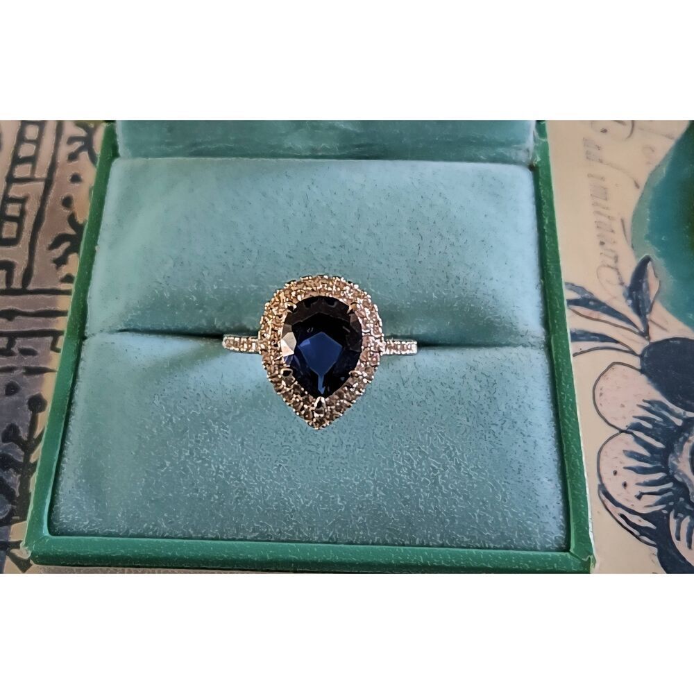 CERTIFIED Genuine Blue & White Moissanite Pear Cut Halo Design Engagement Ring 8